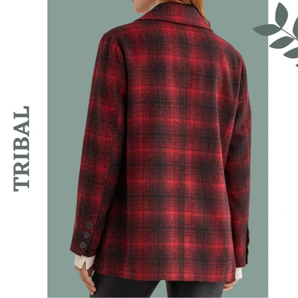 Tribal Red Black Plaid Collared Jacket Single Breasted Size Small - Picture 3 of 8